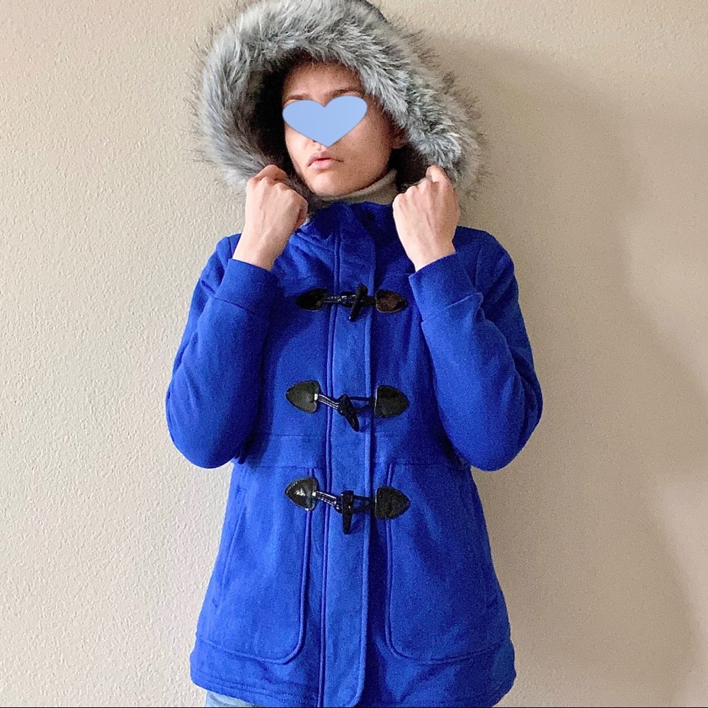 2000s fur hood blue duffle coat